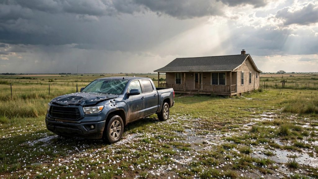 Hail-damaged pickup with dented hood and cracked windshield parked beside a ranch house after a storm