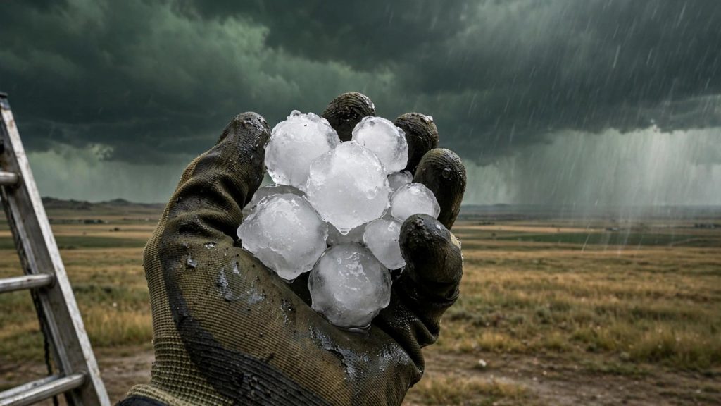 Gloved hand holding large hailstones under a dark storm sky over the Colorado plains