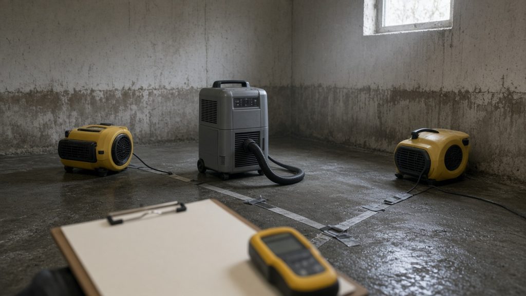 A water-loss drying room with a gray LGR dehumidifier and two yellow air movers on wet concrete. A blank clipboard and moisture meter sit in the foreground — the process, not the brand of machine.