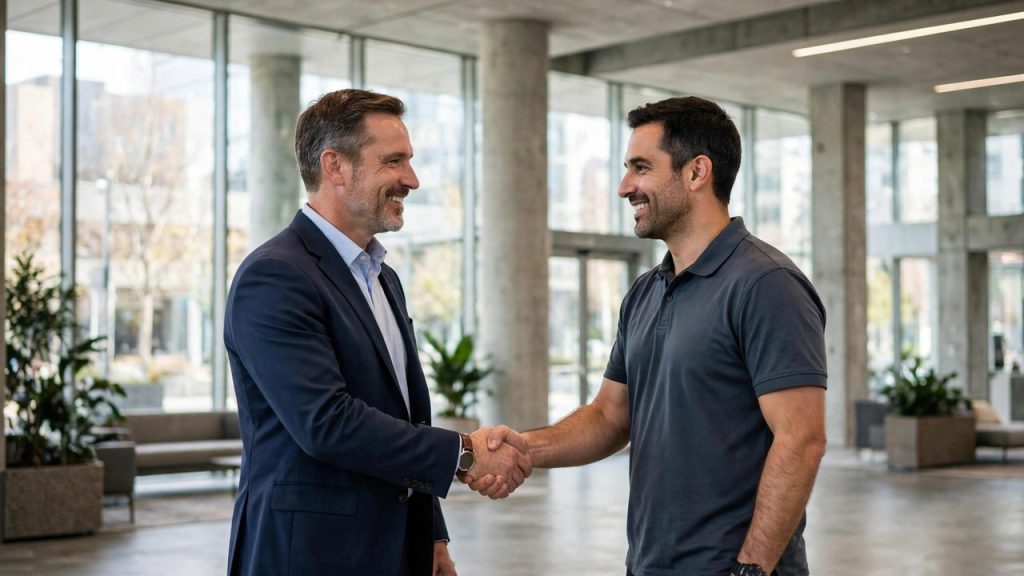 Facility manager and restoration contractor shaking hands in a bright commercial building lobby