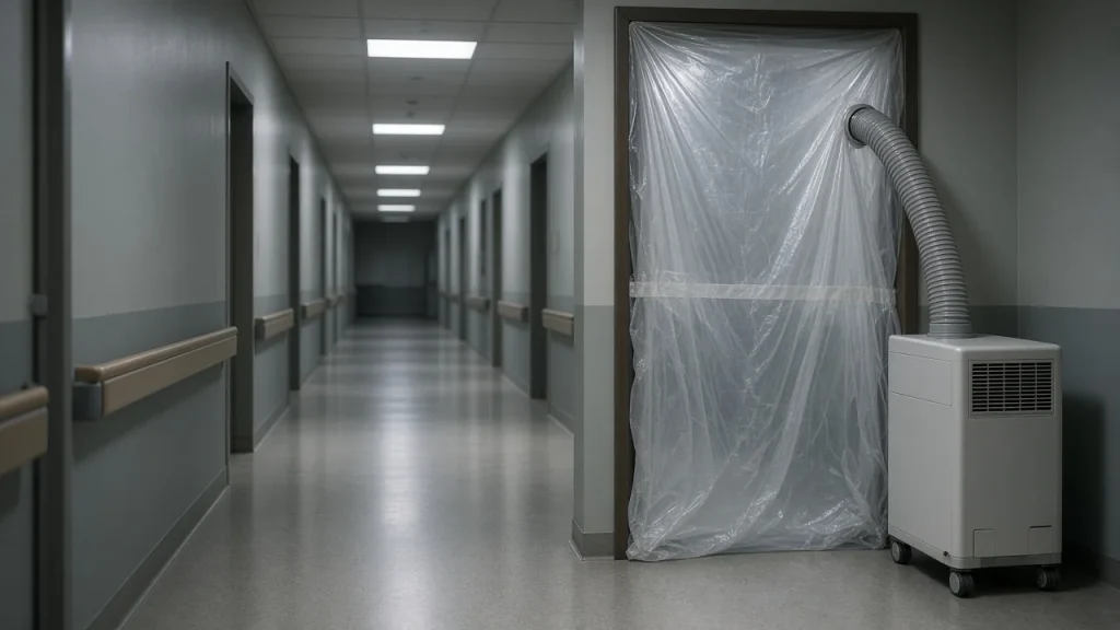 Poly containment sealing a hospital room doorway, with a HEPA negative-air machine outside