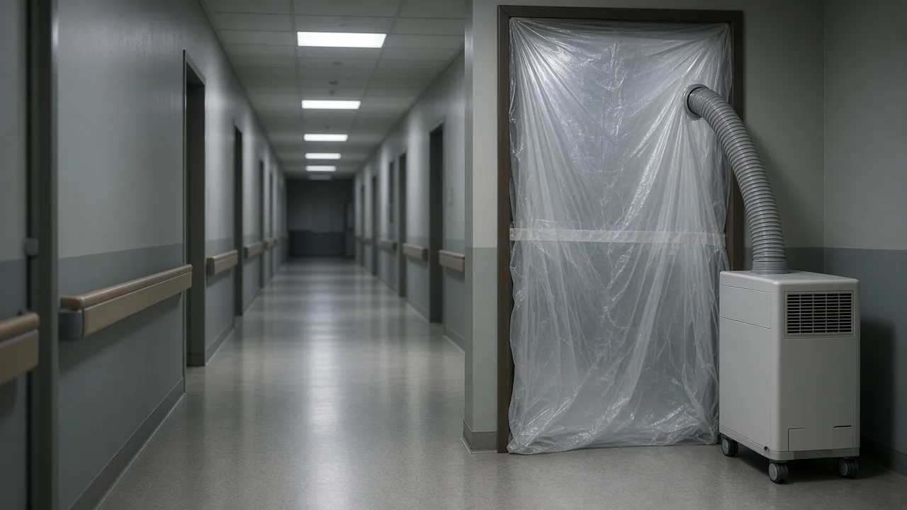 Poly containment sealing a hospital room doorway, with a HEPA negative-air machine outside
