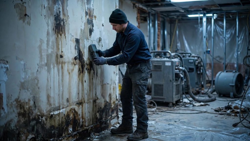Technician checking a wall with a moisture meter beside running commercial drying equipment