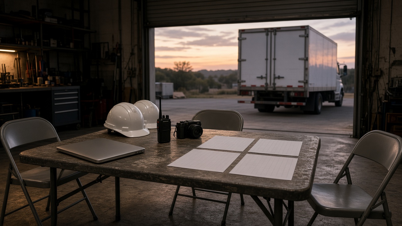 An empty shop debrief table at dusk: two hard hats, a radio, a camera, a closed laptop, and four blank grid sheets. A box truck waits outside the open bay.