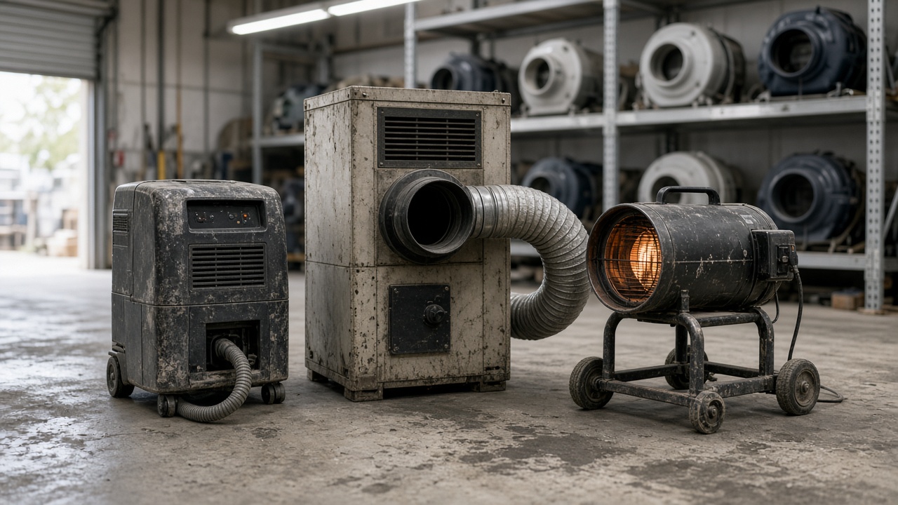 Three pieces of used drying equipment in a restoration shop: a compact LGR dehumidifier, a larger desiccant-style unit with ducting, and a portable heater. The point is the drying tactic, not which machine you own.
