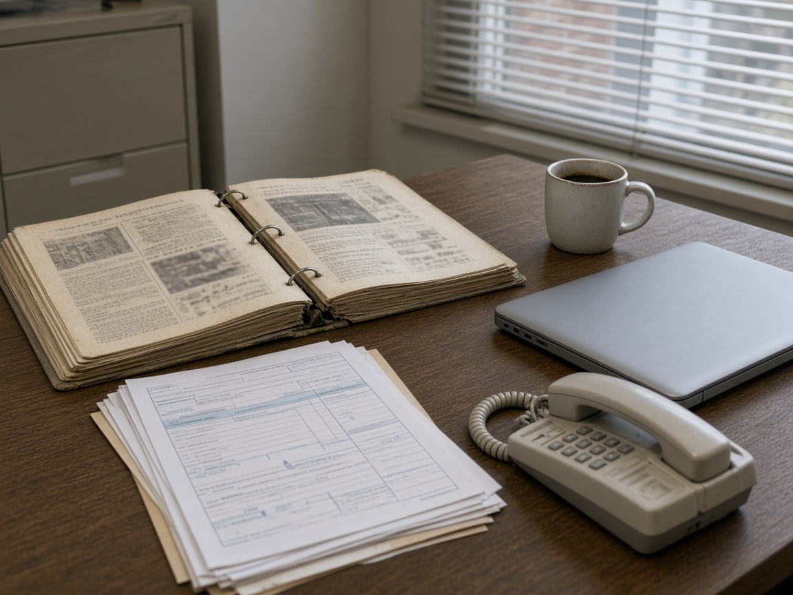 A restoration office desk with a worn binder of old newspaper advertising pages, a closed laptop, a landline, and a stack of work orders. Keep the channel that already produces work.