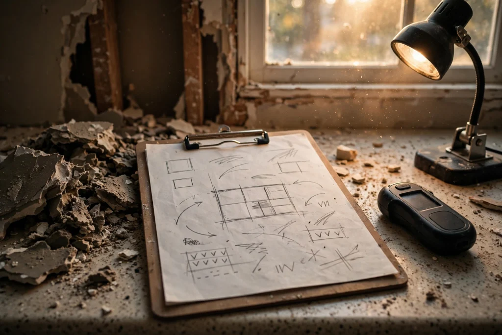 Clipboard with scope notes, moisture meter, and removed drywall on a restoration job site