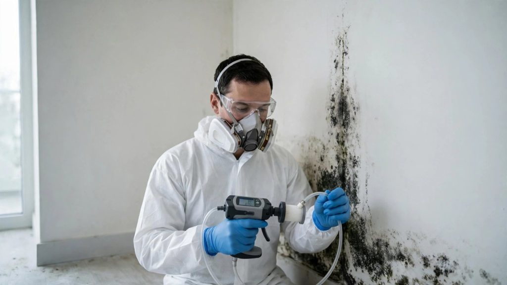 Mold inspector in respirator using an air-sampling pump near a mold-stained wall corner