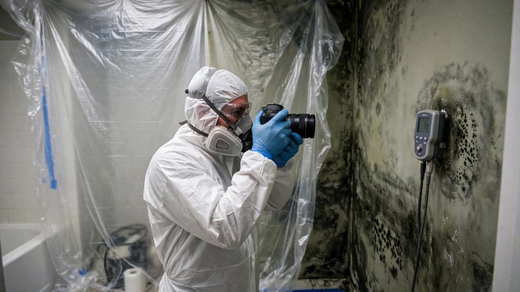 Remediation technician in respirator photographing mold-stained drywall inside a containment area