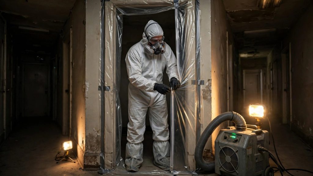 Mold technician in respirator sealing a doorway with plastic containment sheeting