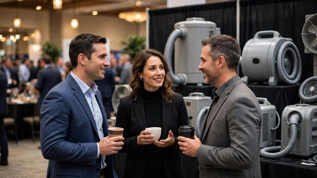 Restoration professionals networking over coffee near drying equipment at an industry event