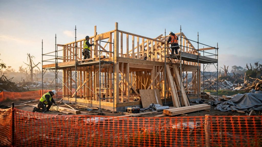 Reconstruction crew framing a partially rebuilt home under scaffolding in morning light