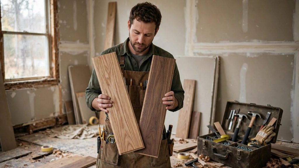 Carpenter comparing two hardwood floor planks in a half-finished room