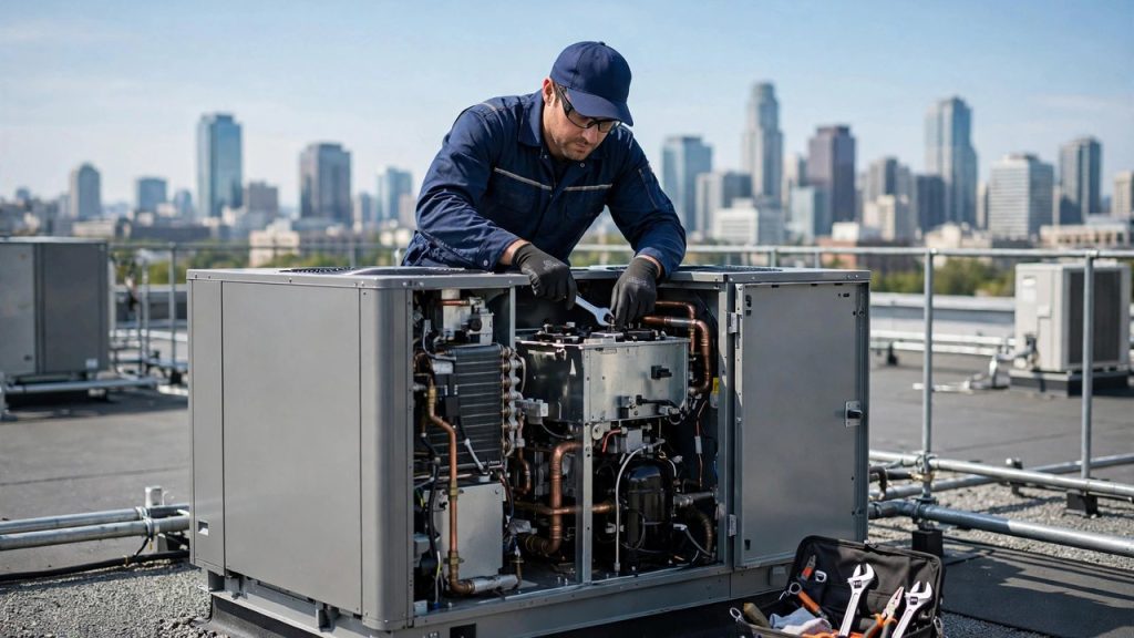 Service technician performing scheduled rooftop maintenance on a commercial building