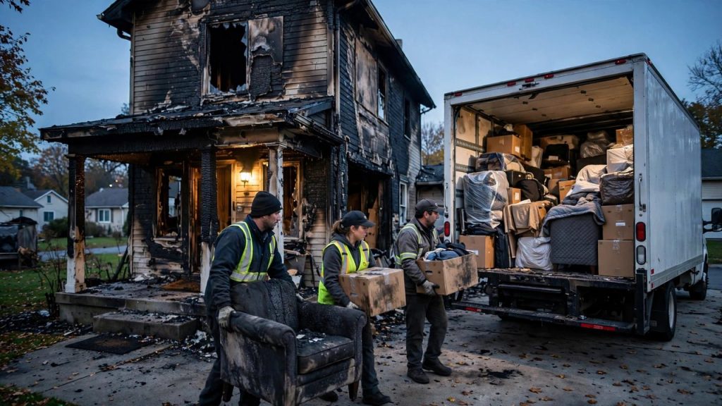 Restoration crew carrying salvaged belongings from a fire-damaged home into a storage van at dusk