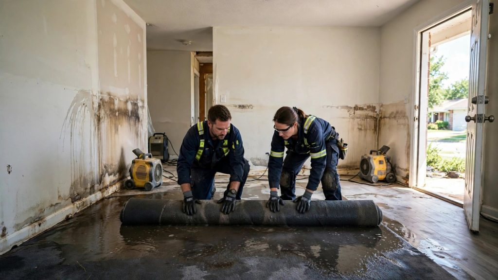 Two technicians removing soaked carpet in a water-damaged suburban home