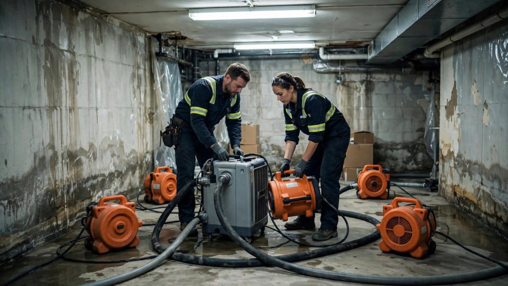 Two restoration technicians placing a dehumidifier and air movers in a water-damaged basement
