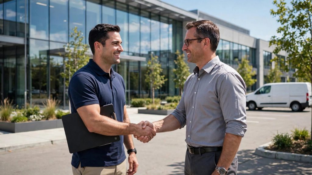 Sales consultant shaking hands with a property manager in front of a modern commercial building
