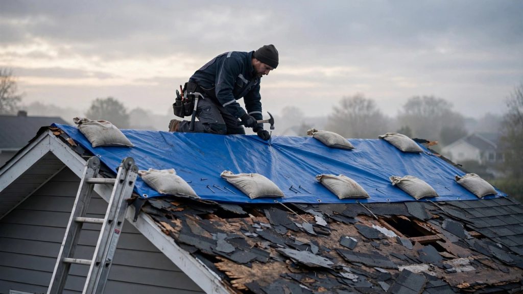 Roofer securing an emergency tarp over a damaged residential roof at dawn