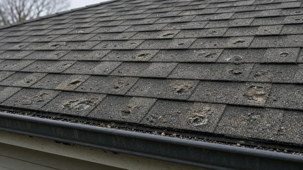 Hail-dented asphalt shingles on a house roof after a convective storm