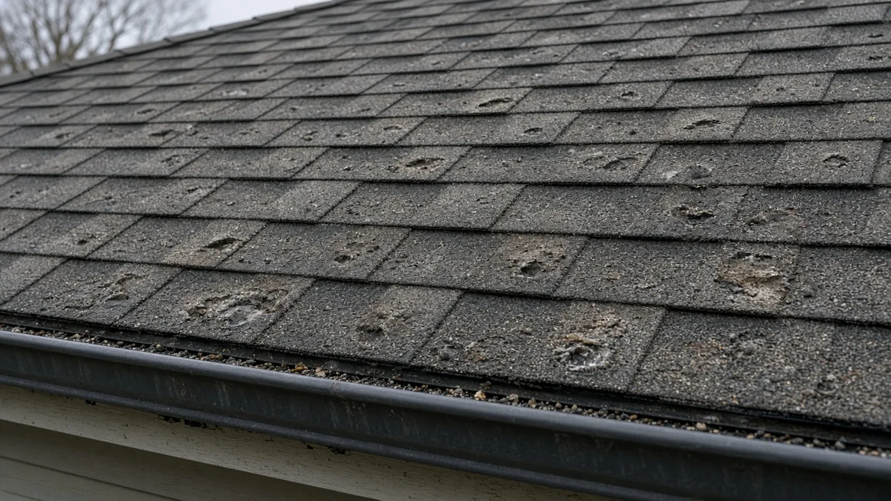 Hail-dented asphalt shingles on a house roof after a convective storm