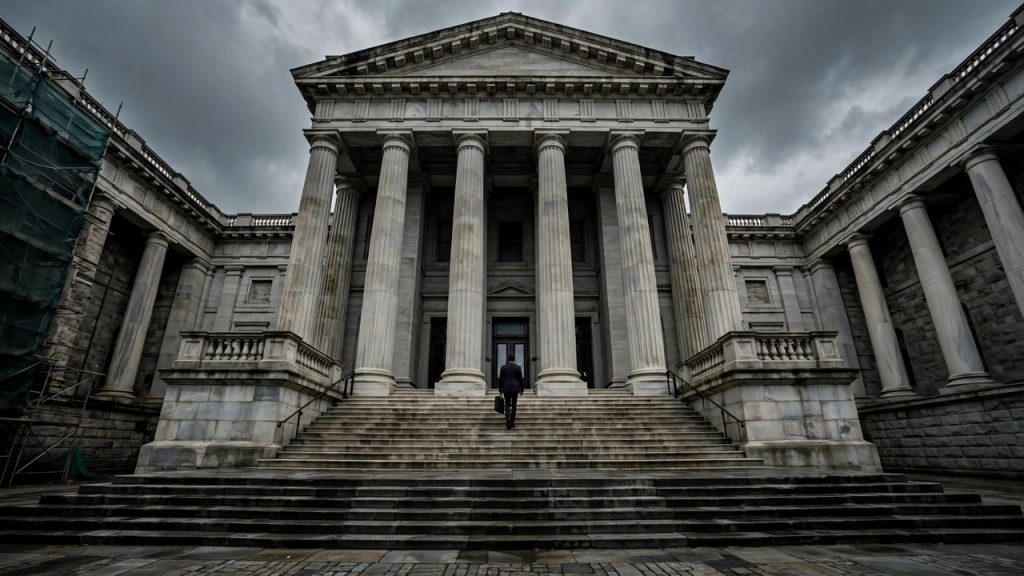 Imposing courthouse columns from below against a moody sky with an attorney climbing the steps