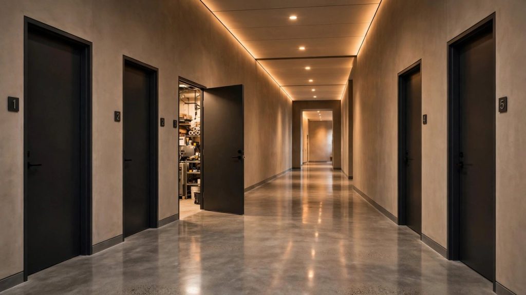 Long commercial corridor with five doors receding into warm recessed lighting