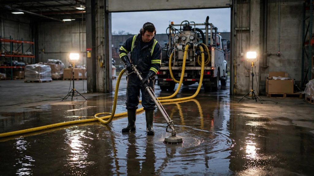 Restoration technician operating a truck-mounted water extractor on a flooded warehouse floor