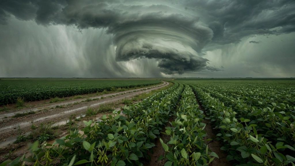 Rain-wrapped supercell storm looming over Nebraska farmland under greenish-gray skies
