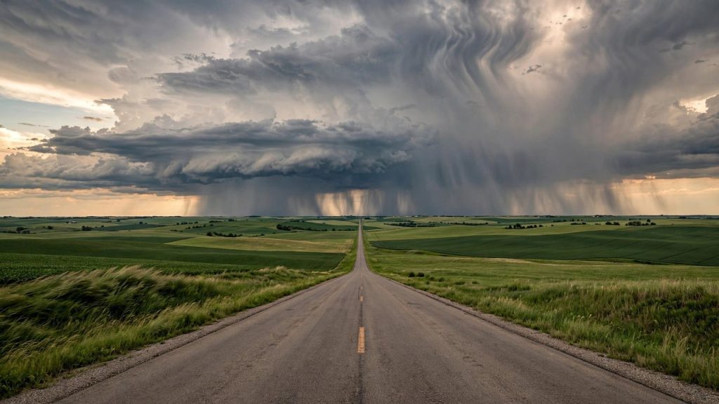 Distant storm front with rain curtains approaching over green Midwestern farmland at dusk