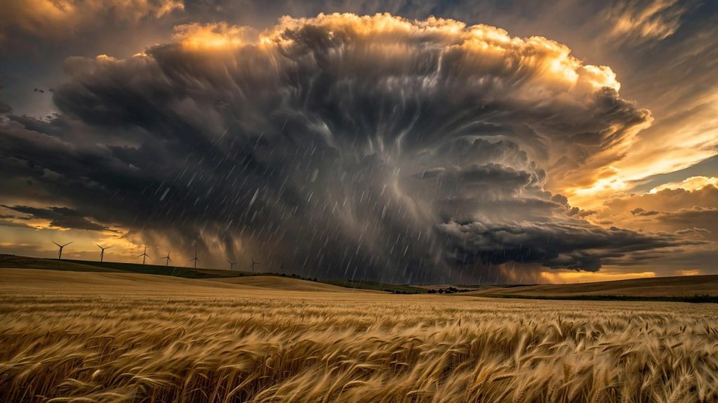 Hail-producing thunderhead at sunset over Kansas wheat fields with wind turbines on a ridge