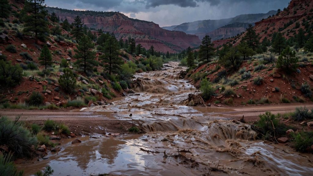 Muddy flash-flood torrent overflowing a mountain creek and crossing a dirt road at dusk
