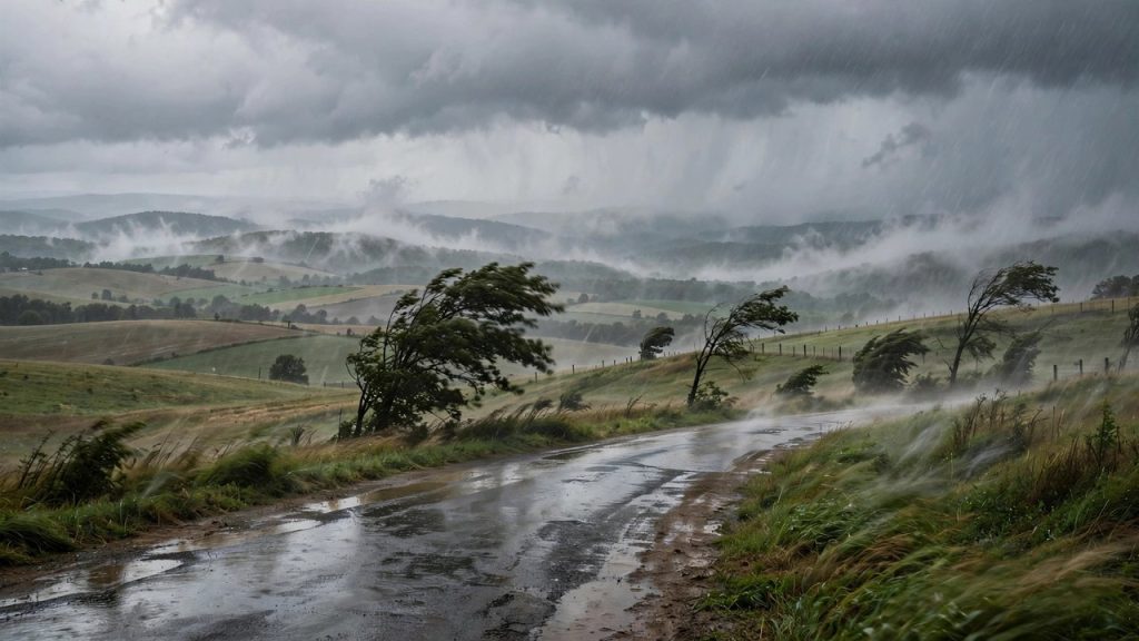 Rain squalls sweeping over rolling Appalachian hills and farmland along a country road
