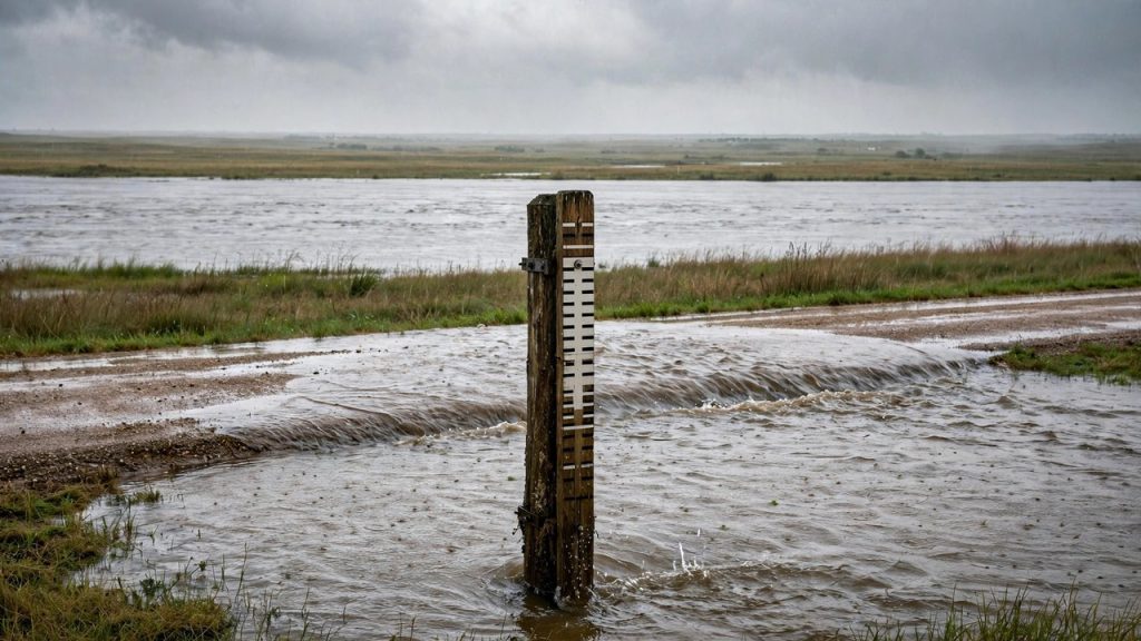 Swollen river lapping near a country road on the Kansas prairie under a rainy sky