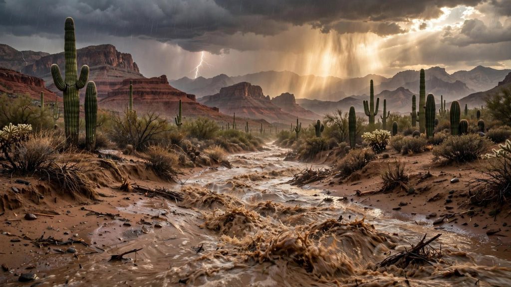 Desert monsoon flooding an Arizona arroyo with lightning over red rock mesas