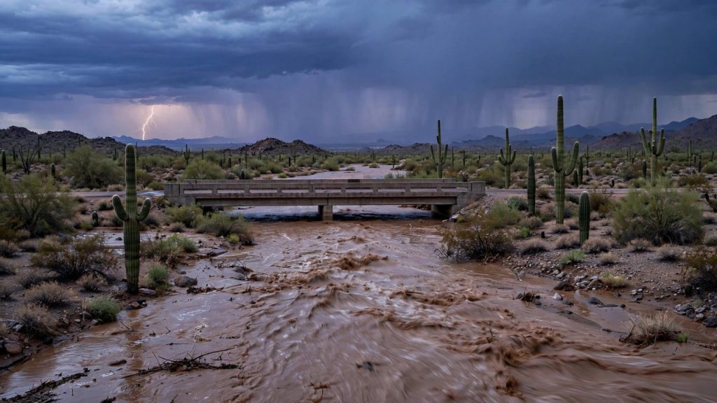 Desert wash flooding past saguaro cacti and a low bridge at monsoon dusk with lightning