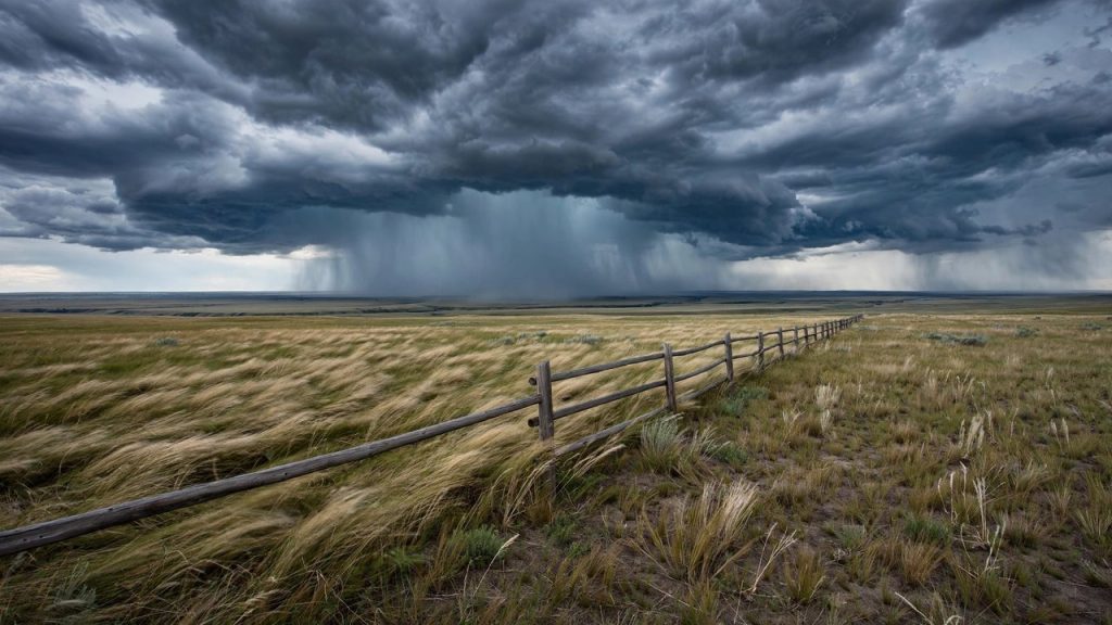 Thunderstorms boiling over northern Great Plains ranch country along a wooden fence line