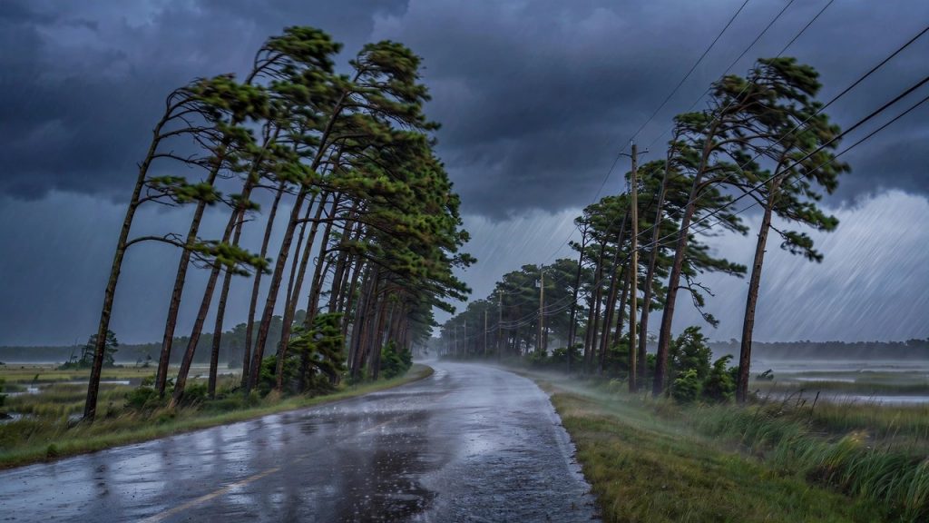 Wind-bent pines and sheeting rain along a coastal highway under a dark bruised sky at dusk