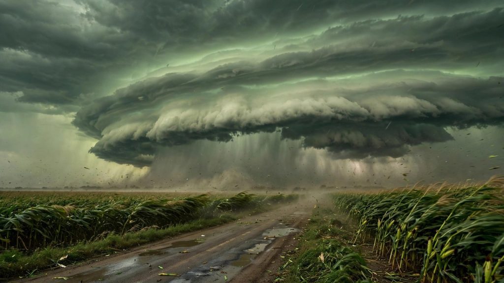 Green-tinted severe storm line with shelf cloud rolling over Midwest cornfields