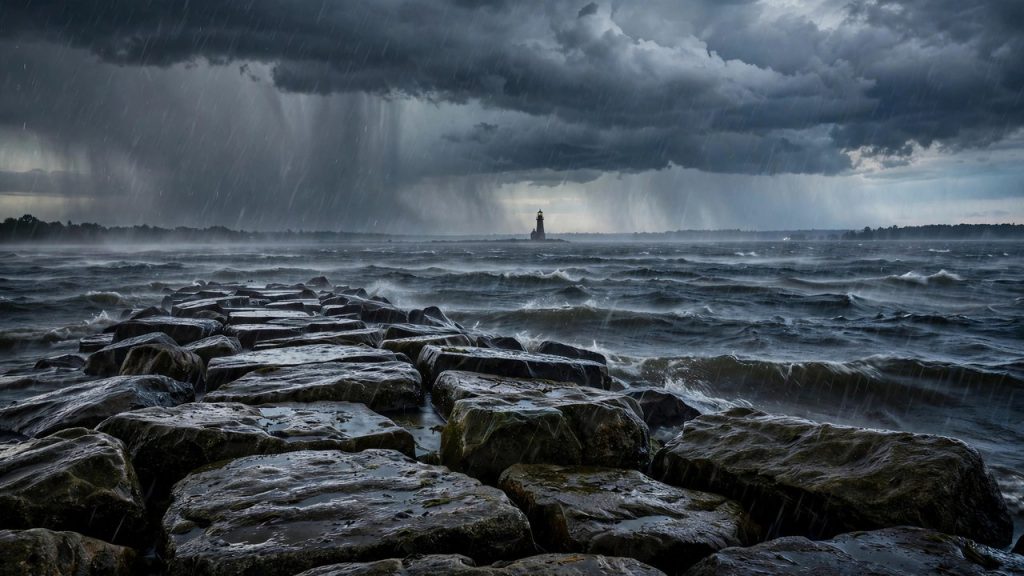Thunderstorm rolling over a great lake shoreline at dawn with a distant lighthouse silhouette