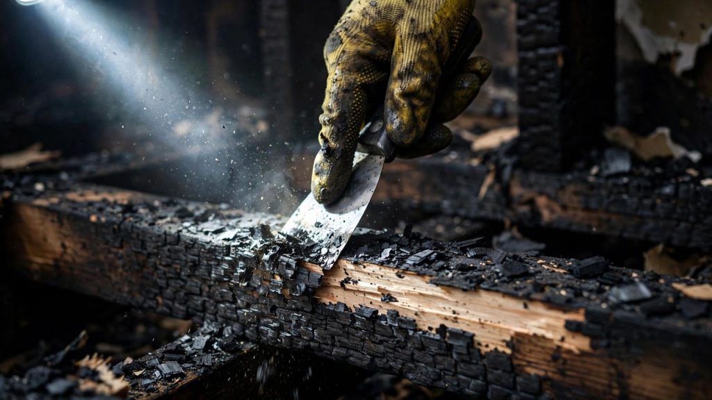 Gloved hand scraping charred structural lumber to reveal clean wood during fire assessment