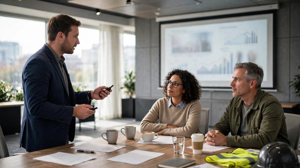 Restoration account manager leading a quarterly business review with two client facility managers