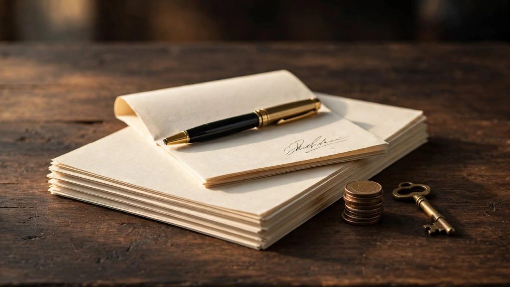 Fountain pen resting on blank contractor agreements with coins and a key on a desk
