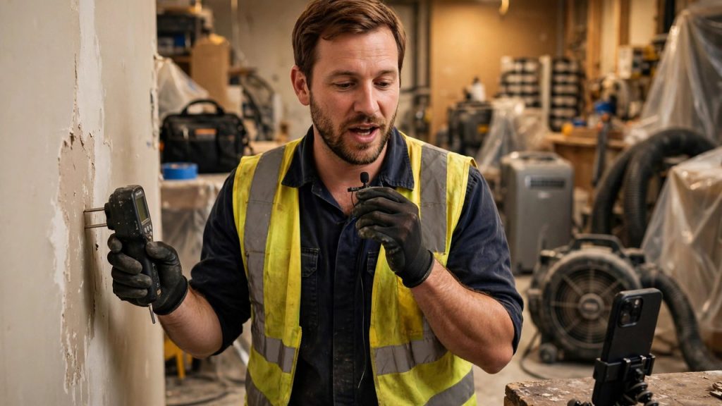 Restoration technician with a clip-on microphone operating a moisture meter while documenting a job
