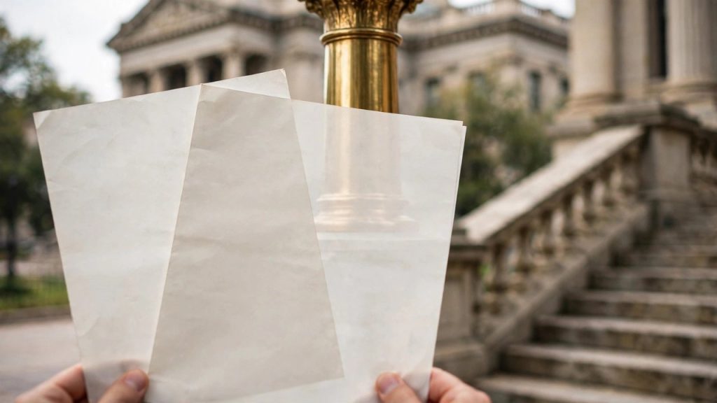 Courthouse columns seen through two overlapping sheets of blank legal paper