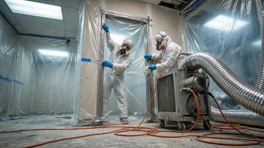 Abatement crew sealing a doorway with polyethylene sheeting beside a negative-air machine