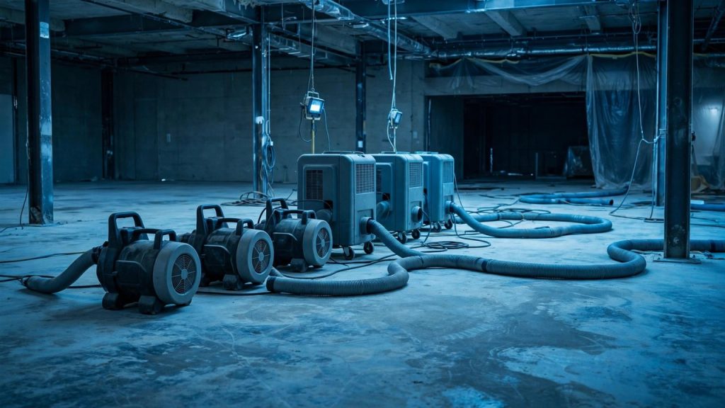 Industrial air movers and dehumidifiers drying a large commercial space with ducting