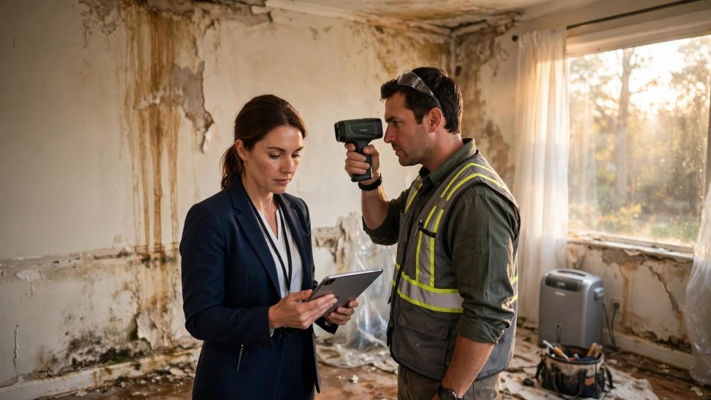 Insurance adjuster with a tablet inspecting a water-damaged room alongside a contractor