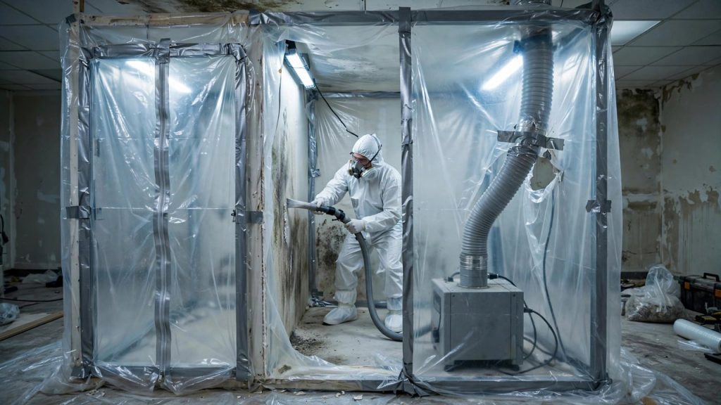 Mold containment chamber with plastic sheeting, zipper door and technician HEPA-vacuuming