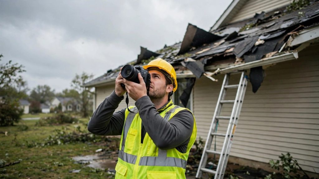 Storm-damage assessor in hard hat photographing a roof with wind-lifted shingles